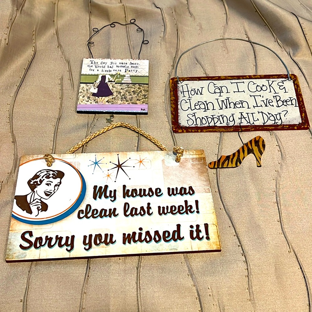 3 Small wood & metal decor funny signs to hang in home.
